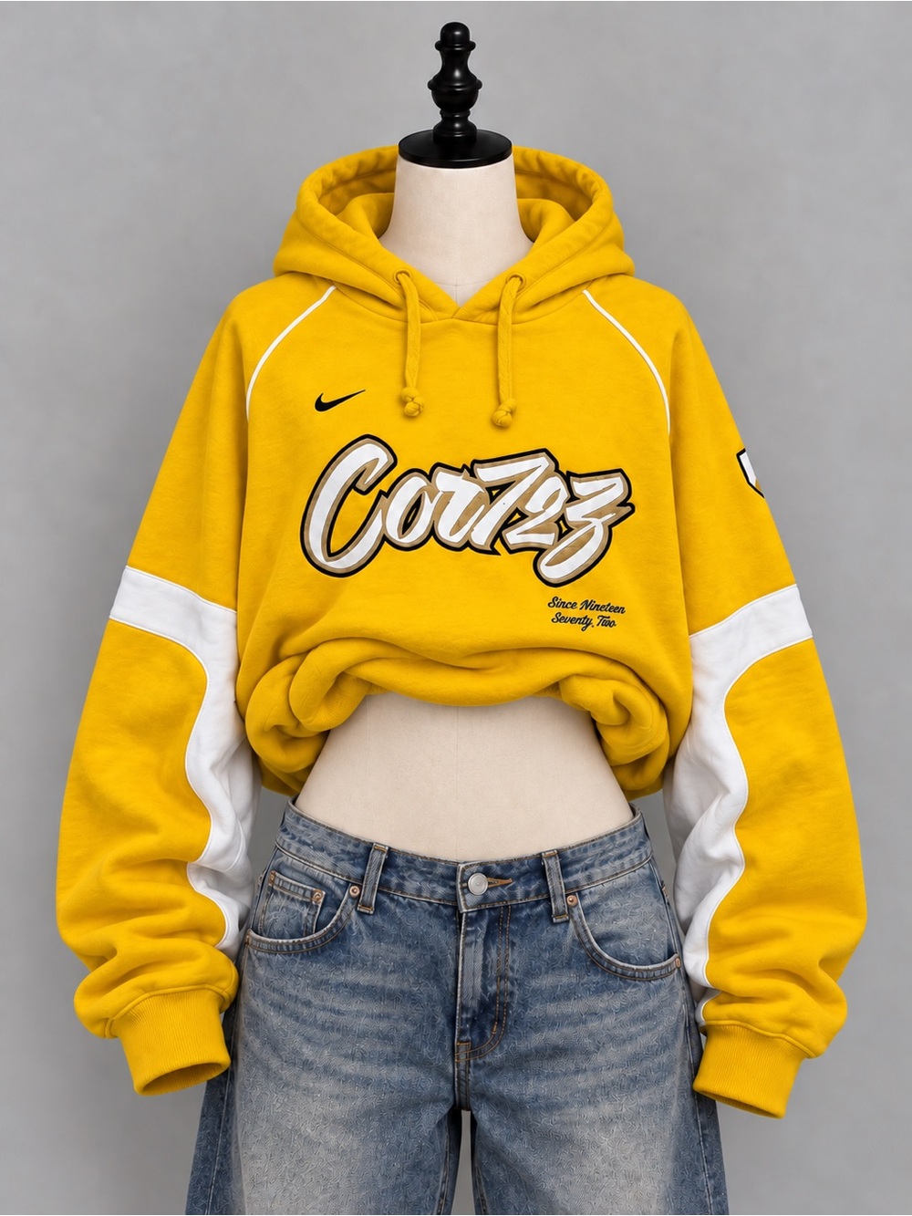 Vintage Nike Cortez Hoodie Yellow Sweatshirt Large 1972 Script Logo Y2K